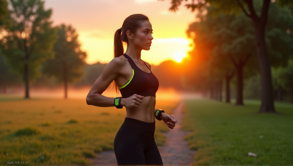 "A young woman stands confidently outdoors at sunrise, wearing a sleek black sports outfit with neon green accents on her fitness tracker and smartwatch, surrounded by lush greenery and towering trees."