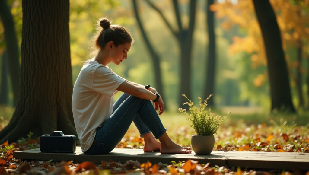 "A serene woman sits on a wooden bench in a forest, surrounded by autumn foliage, with subtle integration of wellness tech devices such as a fitness tracker, smartwatch, and portable speaker."