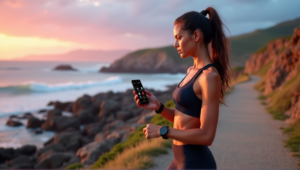 "A young woman stands on a coastal path, wearing fitness gear and holding her smartphone displaying a wellness app, conveying determination and motivation in a serene ocean sunset background."