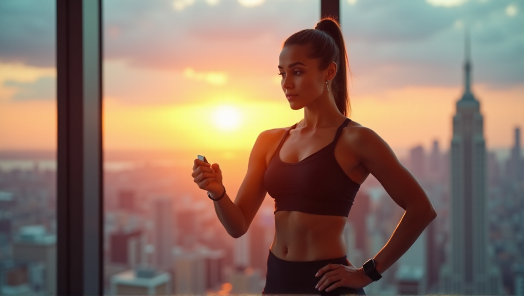 "A young woman stands confidently in front of a serene cityscape at sunrise, wearing smart fitness tracking devices and high-tech earbuds, embodying wellness tech and self-motivation."