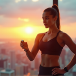 "Unlock Optimal Health with Smart Devices That Work as Hard as You Do" "A young woman stands confidently in front of a serene cityscape at sunrise, wearing smart fitness tracking devices and high-tech earbuds, embodying wellness tech and self-motivation."
