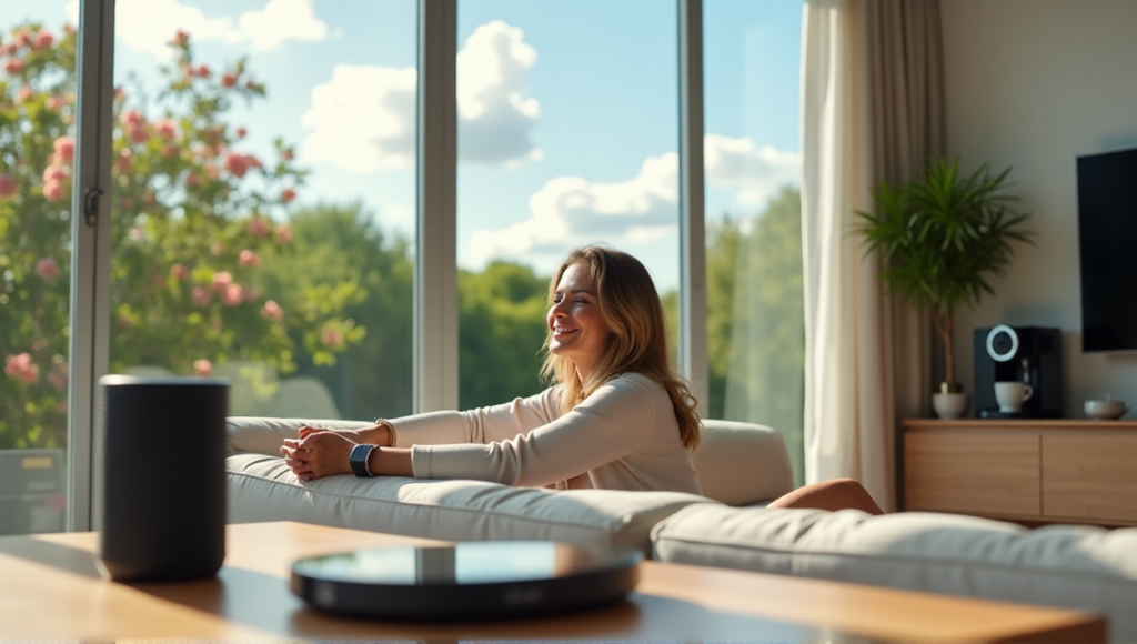 "A woman sits on a white couch in a modern living room surrounded by wellness tech gadgets, enjoying natural light and lush garden views."