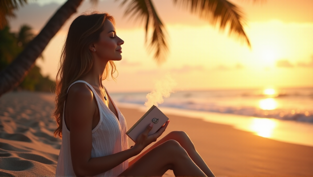 "A serene woman sits on a tranquil beach at sunset, surrounded by mindfulness tools: journal, essential oil diffuser, and palm tree, exuding deep relaxation amidst soothing wellness tech."