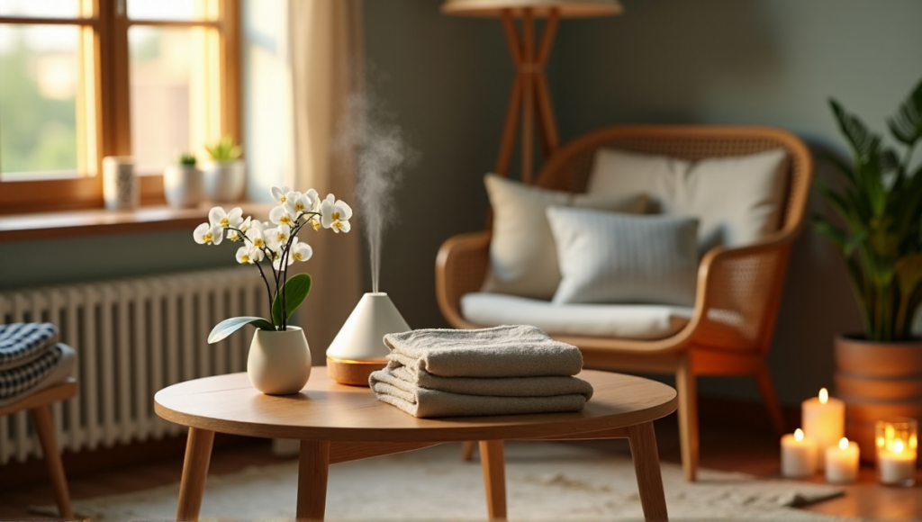 "Image of a serene living room featuring Zenon's wellness tech stress relief devices: essential oil diffuser, weighted blankets, and meditation timer amidst lush greenery and candles."