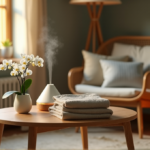 "Zenon's Top Stress Relief Devices for a Calmer Mind" "Image of a serene living room featuring Zenon's wellness tech stress relief devices: essential oil diffuser, weighted blankets, and meditation timer amidst lush greenery and candles."