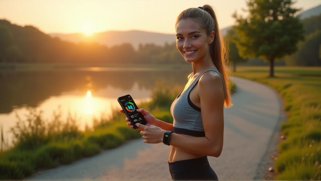 "A young woman stands confidently on a scenic trail near a serene lake, wearing fitness tracker and smartphone displaying wellness app interface."