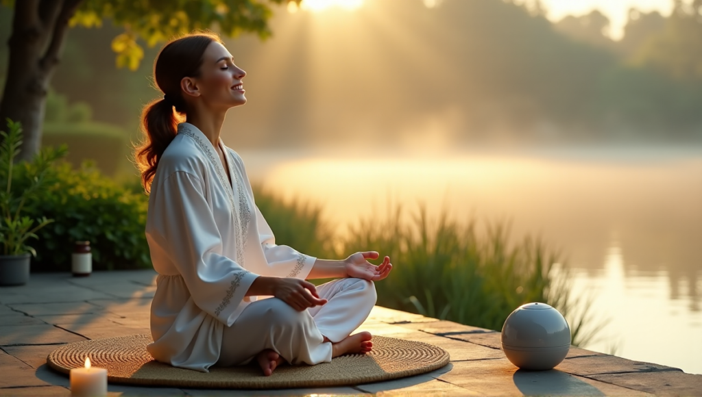 "A serene woman sits cross-legged on a stone patio surrounded by wellness tech devices: meditation ball, essential oil diffuser, and calming candles amidst lush greenery and misty lake scenery."