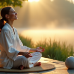 "Find Inner Peace with Zenon's Best Stress Relief Devices for a Calmer Mind" "A serene woman sits cross-legged on a stone patio surrounded by wellness tech devices: meditation ball, essential oil diffuser, and calming candles amidst lush greenery and misty lake scenery."