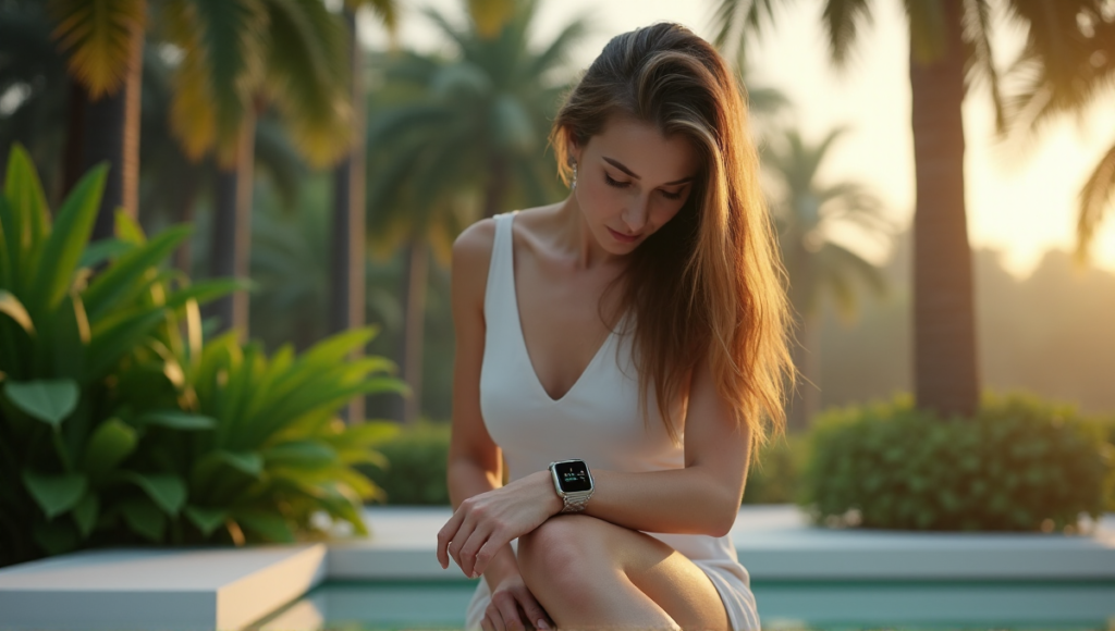 "A serene woman sits on a marble bench in a lush oasis, surrounded by palm trees, attentively monitoring her smartwatch and fitness tracker, embodying wellness tech."