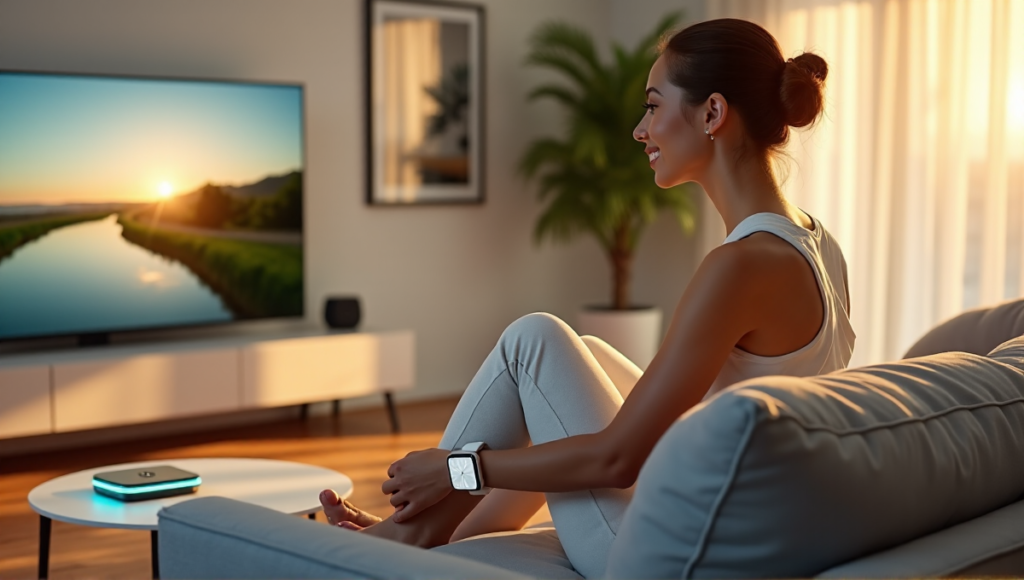 "A serene woman relaxes on a gray couch surrounded by wellness tech, including a smart TV, watch, and fitness tracker, in a peaceful living room with warm golden hour sunlight."