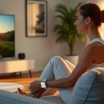 "A serene woman relaxes on a gray couch surrounded by wellness tech, including a smart TV, watch, and fitness tracker, in a peaceful living room with warm golden hour sunlight."
