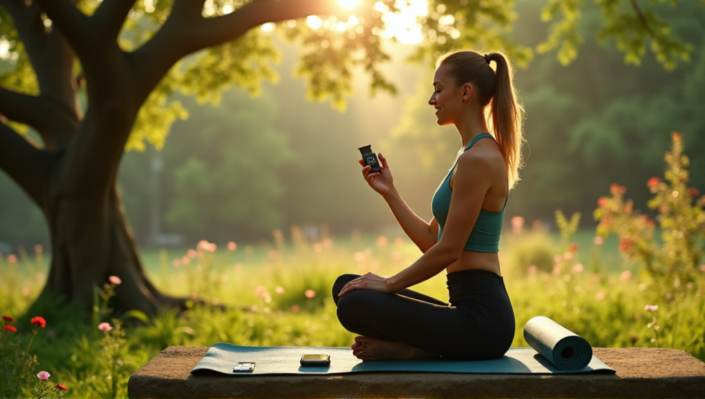 "A serene woman sits on a natural stone bench in a lush forest, surrounded by tall trees and vibrant wildflowers, blending wellness tech with nature's harmony."