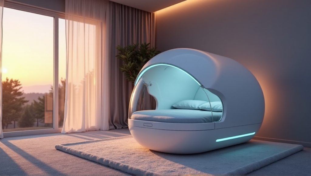 "A serene bedroom at dusk featuring a sleek sleep pod with calming LED lights, surrounded by soft golden hour lighting and a starry night sky through a floor-to-ceiling window, showcasing wellness tech in a peaceful environment."