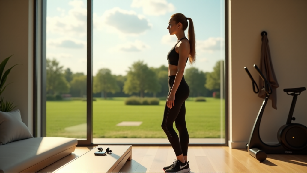 "A young woman stands confidently in a modern home gym with a serene park view, surrounded by wellness tech gadgets such as a smartwatch, fitness tracker, and exercise bike."