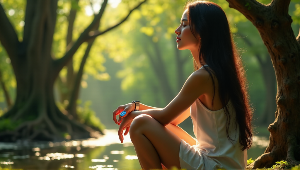 "A serene woman sits on a forest bench, wearing a smartwatch with glowing blue hues, surrounded by lush greenery and a peaceful atmosphere."