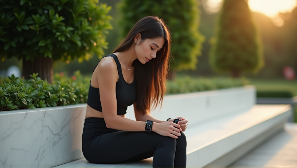 "A young woman sits on a white marble bench in a serene outdoor environment, wearing a fitness tracker and holding a smartwatch, reviewing her wellness progress with calm determination."