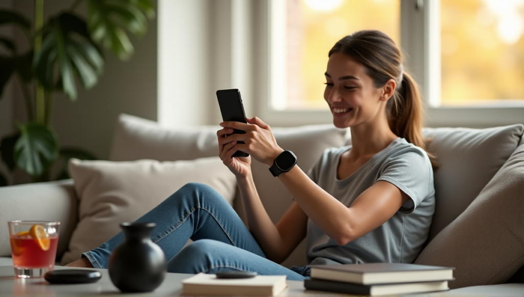 "A young woman sits on a couch surrounded by wellness gadgets and apps, showcasing her optimal health journey with a wrist-worn fitness tracker."