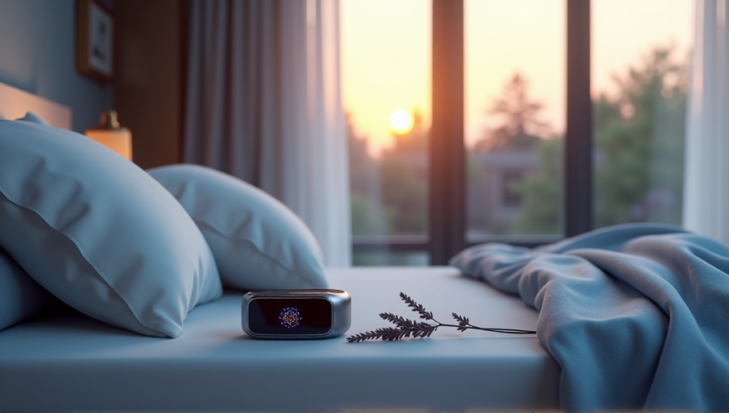 "A serene bedroom at dusk featuring a sleek sleep technology device on a minimalist nightstand with calming patterns and soothing colors displayed on its LED screen, surrounded by dried lavender and plush throw pillows in shades of blue and white."