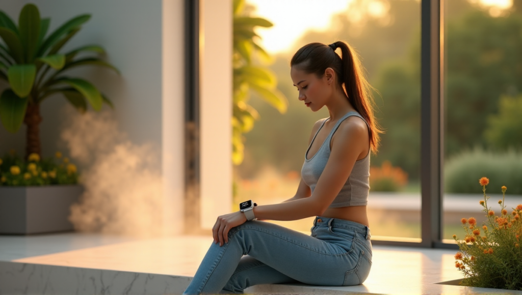 "A young woman sits on a marble bench in a serene garden at dawn, focused on her sleek silver smartwatch displaying health metrics amidst lush greenery and vibrant flowers."