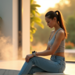 Track Your Health Like Never Before with Smart Devices Revolutionizing Modern Wellness "A young woman sits on a marble bench in a serene garden at dawn, focused on her sleek silver smartwatch displaying health metrics amidst lush greenery and vibrant flowers."