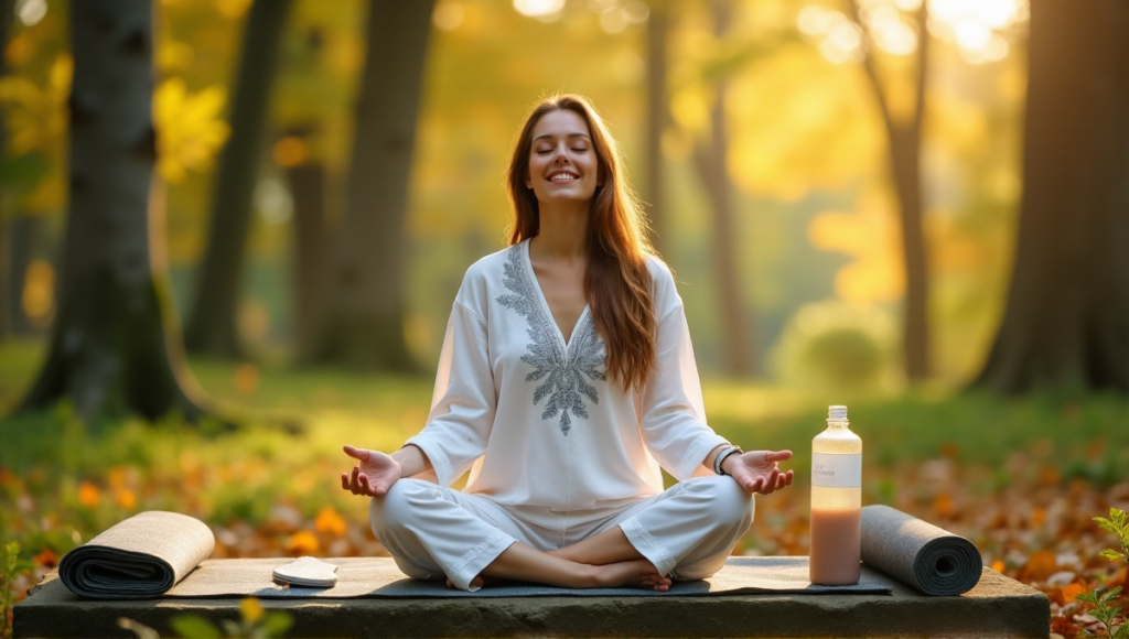 "A serene woman sits on a natural stone bench in a lush autumn forest, surrounded by wellness gadgets like a yoga mat, meditation cushion, and water bottle, exuding inner peace amidst nature's tranquility."
