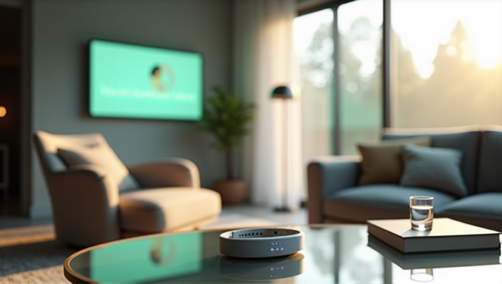 "A serene living room featuring a sleek smart fitness tracker on a glass coffee table in front of a floor-to-ceiling window with soft morning sunlight, surrounded by wellness tech and calming ambiance."