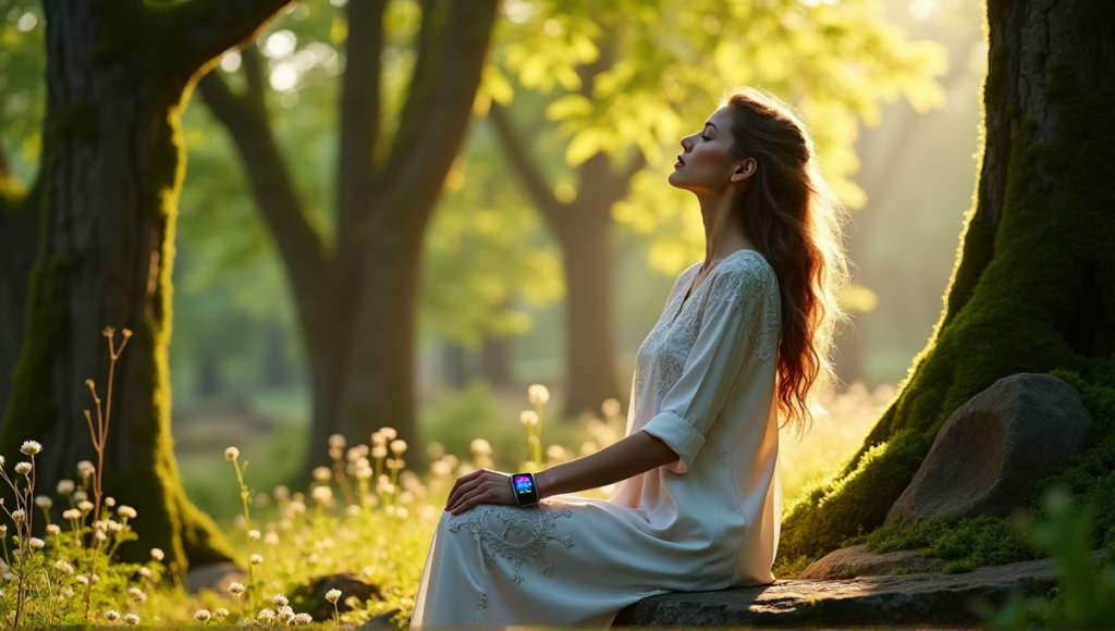 "A serene woman sits on a natural stone bench in a lush forest, wearing a flowing white outfit with a futuristic smartwatch on her wrist, exuding deep relaxation and inner peace."
