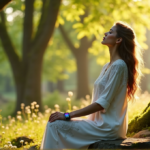 "Unlock Your Optimal Wellbeing with Advanced Tech Innovations" "A serene woman sits on a natural stone bench in a lush forest, wearing a flowing white outfit with a futuristic smartwatch on her wrist, exuding deep relaxation and inner peace."