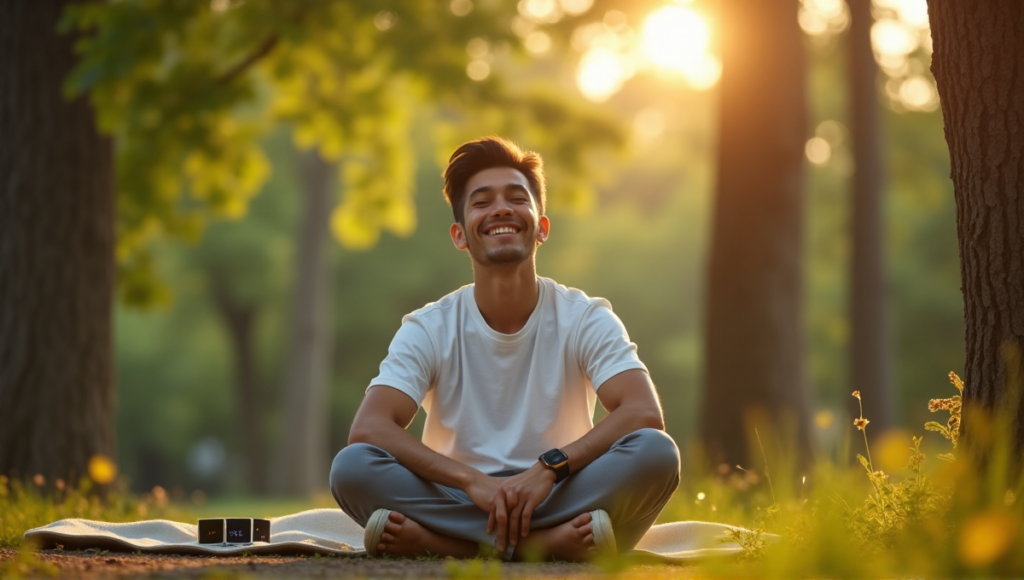 "A young adult sits on a wooden bench in a serene natural environment surrounded by wellness gadgets and lush greenery, embodying balance with technology."