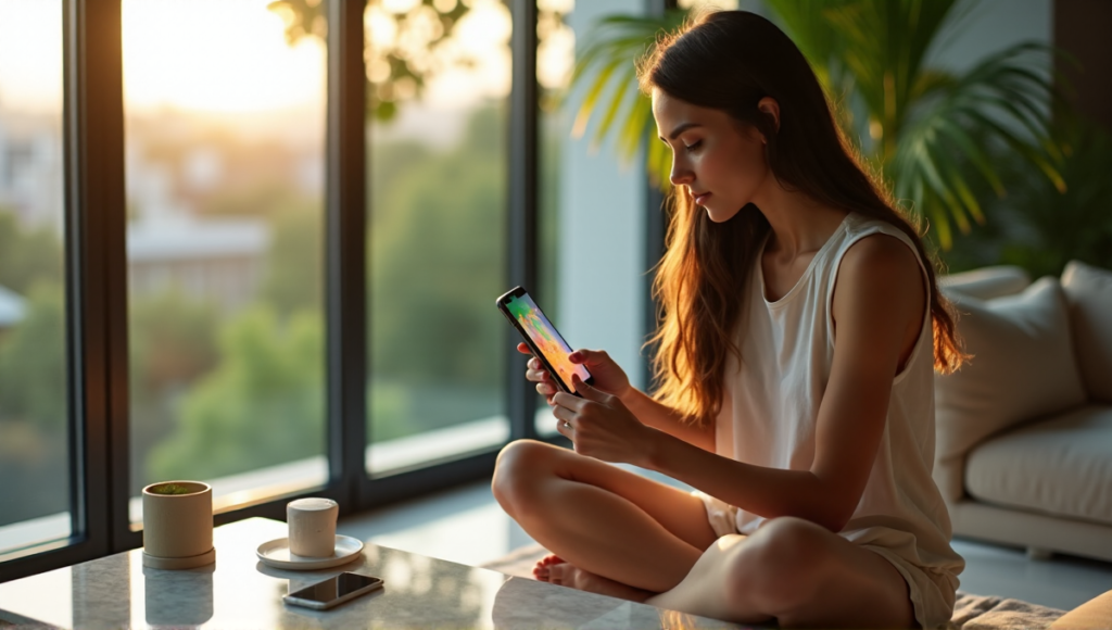 "A serene woman sits on a marble coffee table surrounded by greenery, using her smartphone with a wellness app featuring calming nature scenes."