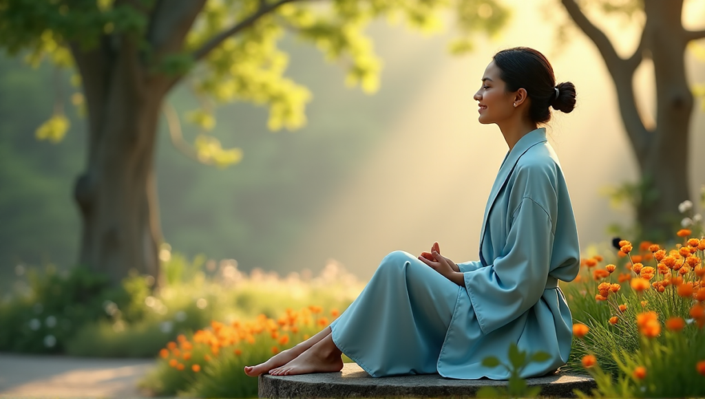 "A serene woman sits on a natural stone bench in a lush garden, surrounded by vibrant flowers and gentle sunlight, exuding relaxation and calmness amidst wellness tech inspiration."