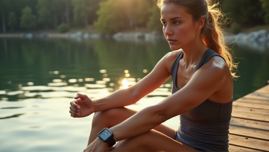 "A young woman sits on a wooden dock at sunrise, wearing a smartwatch and holding a fitness tracker, exuding determination as she tracks her wellness progress."