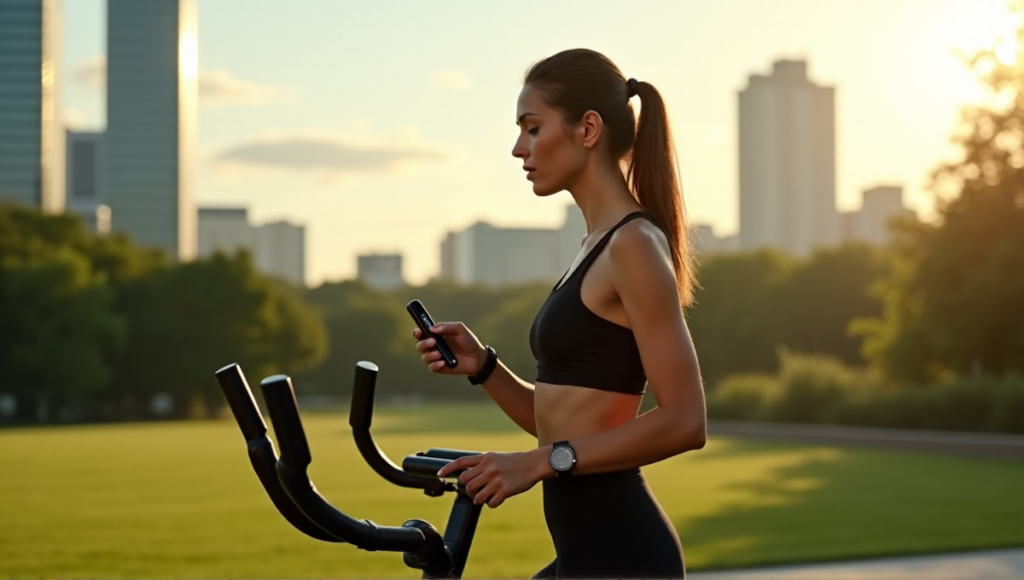 "A young woman in a black sports outfit stands in a serene outdoor environment with modern skyscrapers, holding a smart activity tracker and resting on an exercise bike, showcasing wellness tech integration."