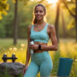 From Tracking to Thriving: Essential Gadgets for a Healthier Lifestyle "A young woman stands confidently in a serene outdoor setting, surrounded by wellness tech gadgets such as a fitness tracker, water bottle, and yoga mat."