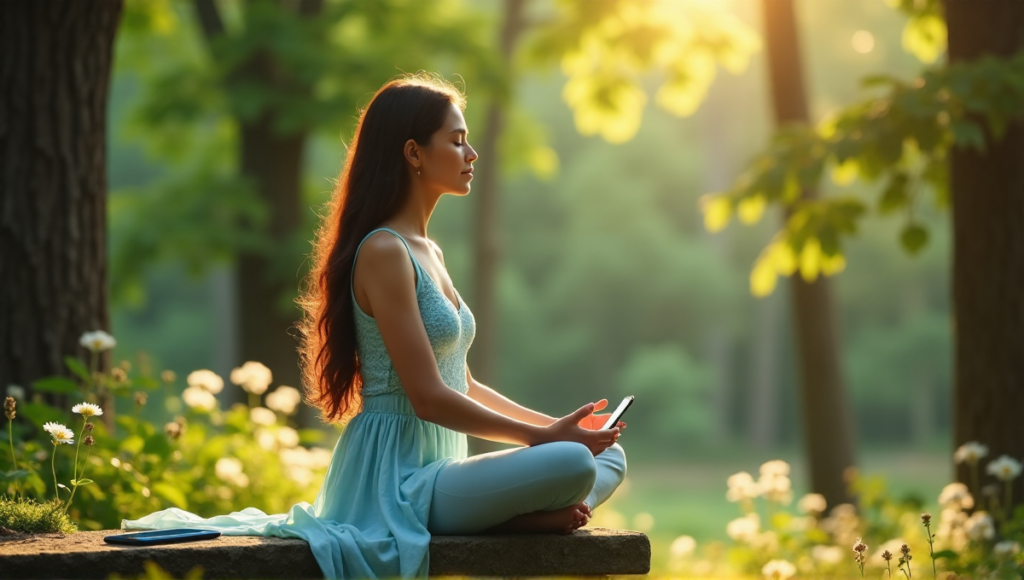 "A serene woman sits cross-legged on a natural stone bench in a lush forest, surrounded by tall trees and wildflowers, with a smartphone beside her, embodying balance between wellness tech and nature."