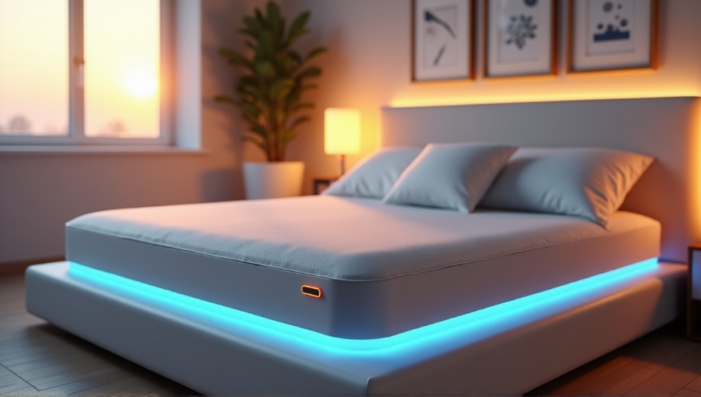 "A serene bedroom scene featuring a high-tech smart mattress with LED light strip and control panel, surrounded by plush pillows and white duvet, in a warm golden hour lighting ambiance."