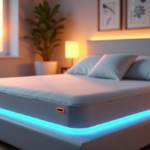 Unlock Better Rest with Advanced Sleep Technology Innovations: Transforming Nights into Restful Ones "A serene bedroom scene featuring a high-tech smart mattress with LED light strip and control panel, surrounded by plush pillows and white duvet, in a warm golden hour lighting ambiance."