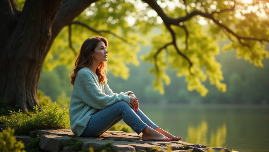 "A serene woman sits on a natural stone bench in a lush forest, surrounded by towering trees, wearing a soft pastel blue sweater, lost in thought with a subtle smile."