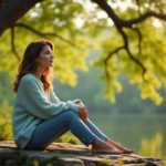 Smart Mental Wellbeing Gadgets for a Calmer Mind and Balanced Life "A serene woman sits on a natural stone bench in a lush forest, surrounded by towering trees, wearing a soft pastel blue sweater, lost in thought with a subtle smile."