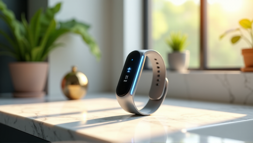 "A sleek silver smart fitness tracker on a white marble countertop in a modern bathroom, surrounded by lush greenery and natural light."