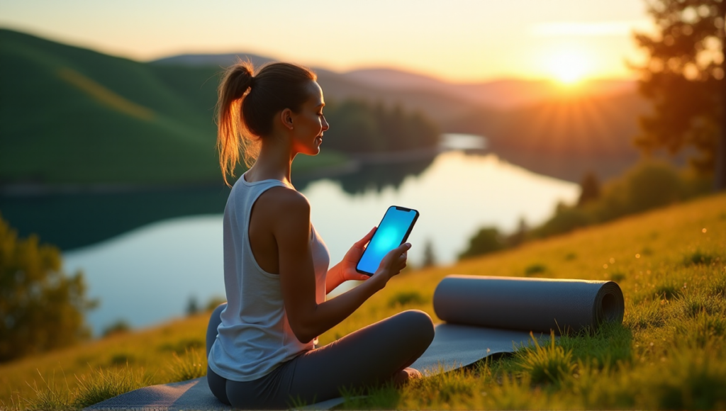 "A serene woman sits on a lush green hill overlooking a tranquil lake at dawn, using wellness tech to achieve balance."