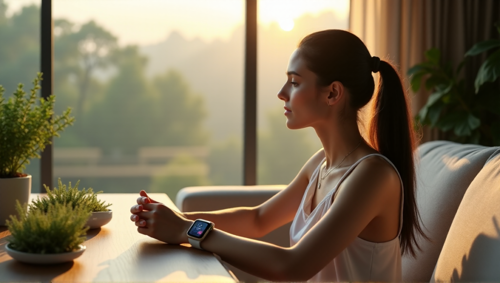A young woman wearing a sleek silver smartwatch, surrounded by lush greenery on a minimalist desk in a serene room with a misty forest view, embodying wellness tech and balance.