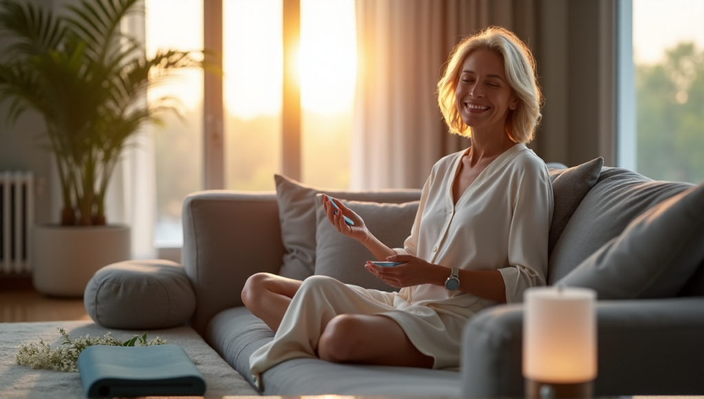 "A serene woman relaxes on a gray couch surrounded by self-care gadgets, including a smartwatch and essential oil diffuser."