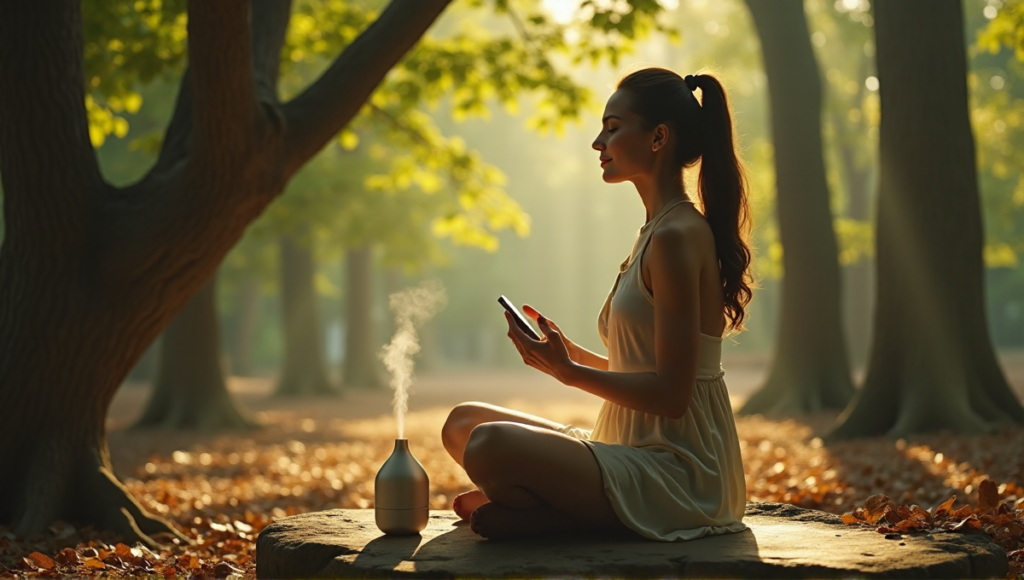 "A serene woman sits on a natural stone bench in a lush forest, surrounded by calming wellness tech: a mindfulness tracker and essential oil diffuser."