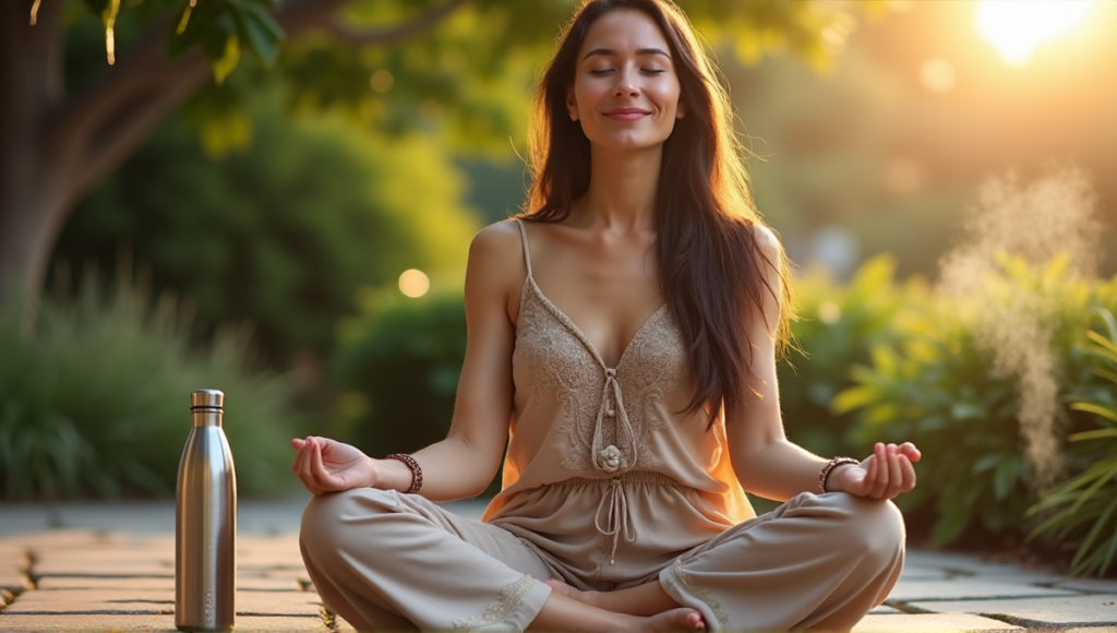 "A serene woman meditates on a stone patio surrounded by lush greenery, incorporating wellness tech gadgets like a smart water bottle and fitness tracker."