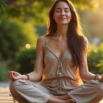 "Unlock Optimal Health and Balance with Zenon's Top Wellness Gadgets for a Smarter, Happier You" "A serene woman meditates on a stone patio surrounded by lush greenery, incorporating wellness tech gadgets like a smart water bottle and fitness tracker."