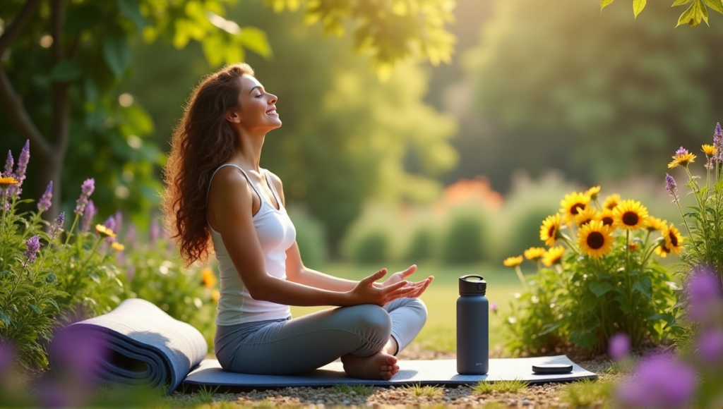 "A serene woman sits on a natural stone bench in a lush garden surrounded by wellness tech gadgets, including a water bottle filter, yoga mat, meditation cushion, and fitness tracker."