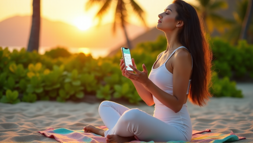 "A young woman meditates on a serene beach, surrounded by lush greenery, with her smartphone displaying various health and wellness apps, showcasing integration of wellness tech."