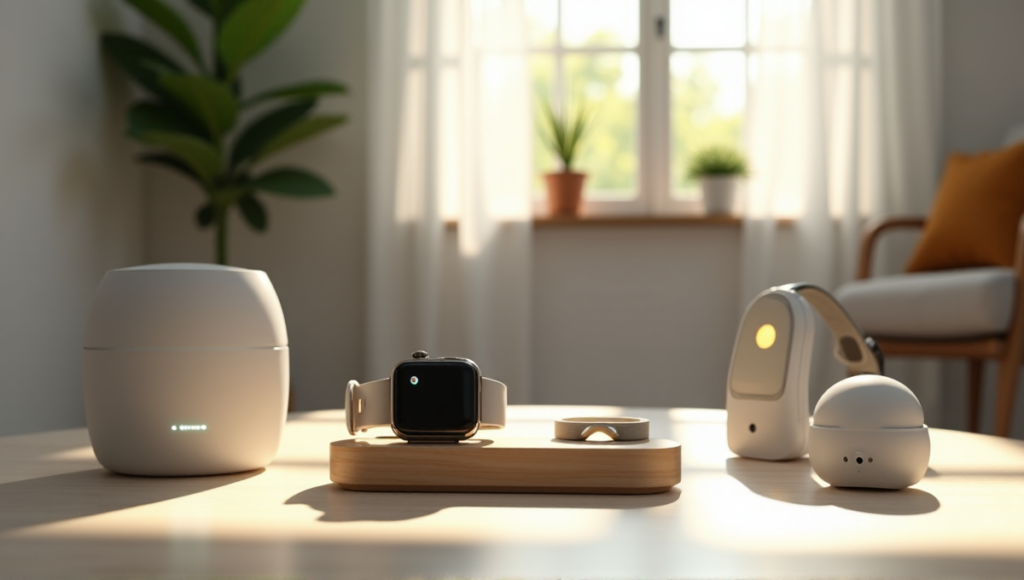 "A serene modern living room featuring a smartwatch on a charging dock surrounded by wellness gadgets: air purifier, fitness tracker, and sleep monitor."