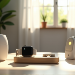 Smart Gadgets for Optimal Health and Balance: Top Wellness Tech Essentials "A serene modern living room featuring a smartwatch on a charging dock surrounded by wellness gadgets: air purifier, fitness tracker, and sleep monitor."